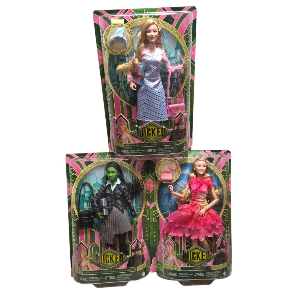 Wicked Mattel Doll Lot Glinda Elphaba Misprint URL Error NIB Collector Set